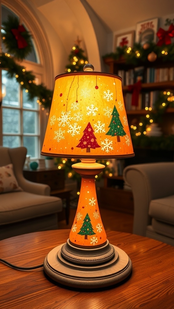 A Christmas-themed painted lamp with festive designs illuminating a cozy room.